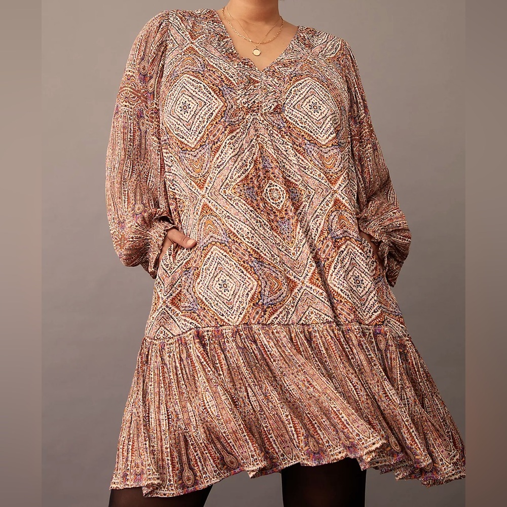 Anthropologie Pink Brown Patterned Boho Tunic Dress (worn twice) no tags